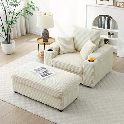 Fauteuil d'appoint surdimensionné avec repose-pieds, fauteuil simple avec grand siège et accoudoirs très larges, fauteuil de lecture moderne et confortable pour chambre à coucher, crème