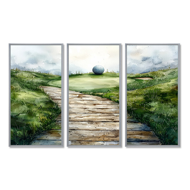 «Greens and Dreams», terrain de golf paysage IV - art mural grand golf - 3 panneaux, H 28 po x l 36 po, Argent argent
