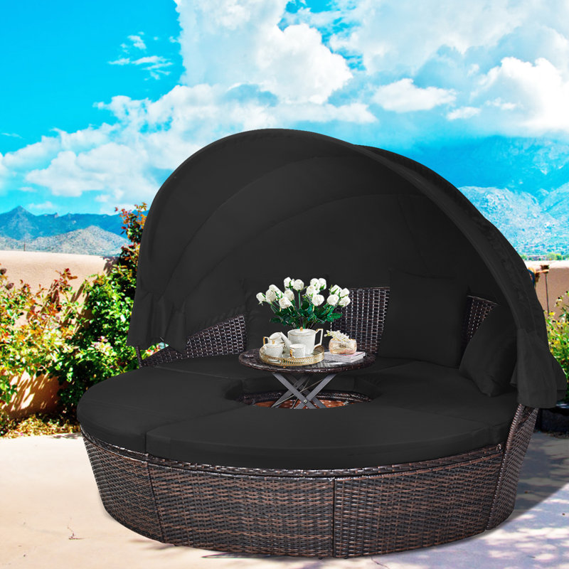 Alleshia 75.5'' Wide Curved Wicker Patio Daybed with Cushions, Black, Brown