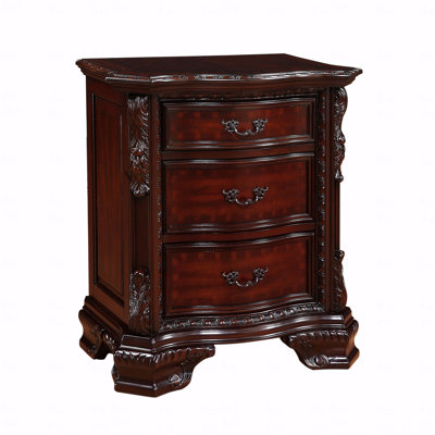 1Pc Three Drawers Nightstand  Intricate Moldings Beautifully Curved Silhouette Dark Cherry Finish Bedroom Solid Wood Furniture