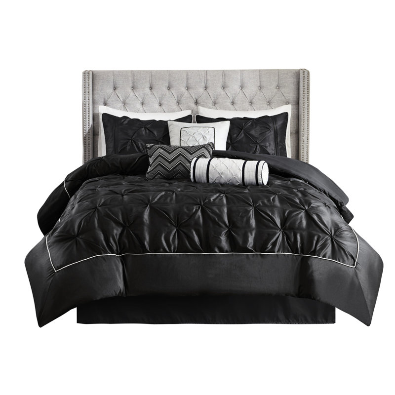 Édredon noir grand 7 pièces - Literie: 1 édredon, 2 taies décoratives, 3 coussins décoratifs, jupe de lit pour la chambre à coucher