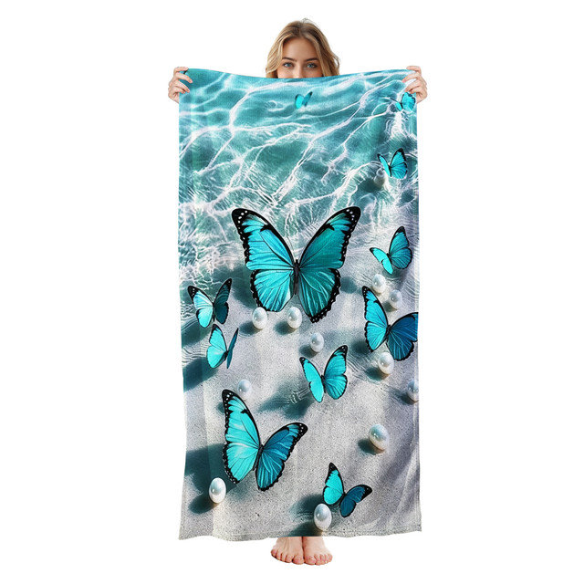  Serviette de plage en microfibre légère, absorbante et sans décoloration, 30 po x 60 po, perle papillon de l'océan