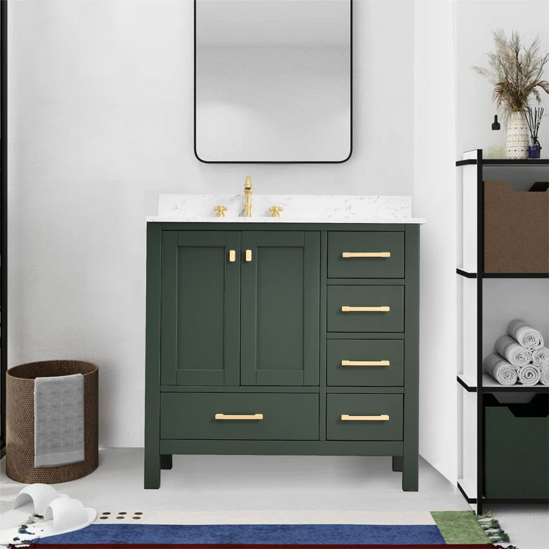 36-inch Bathroom Vanity With Engineered Stone Top, Brushed Gold, Green