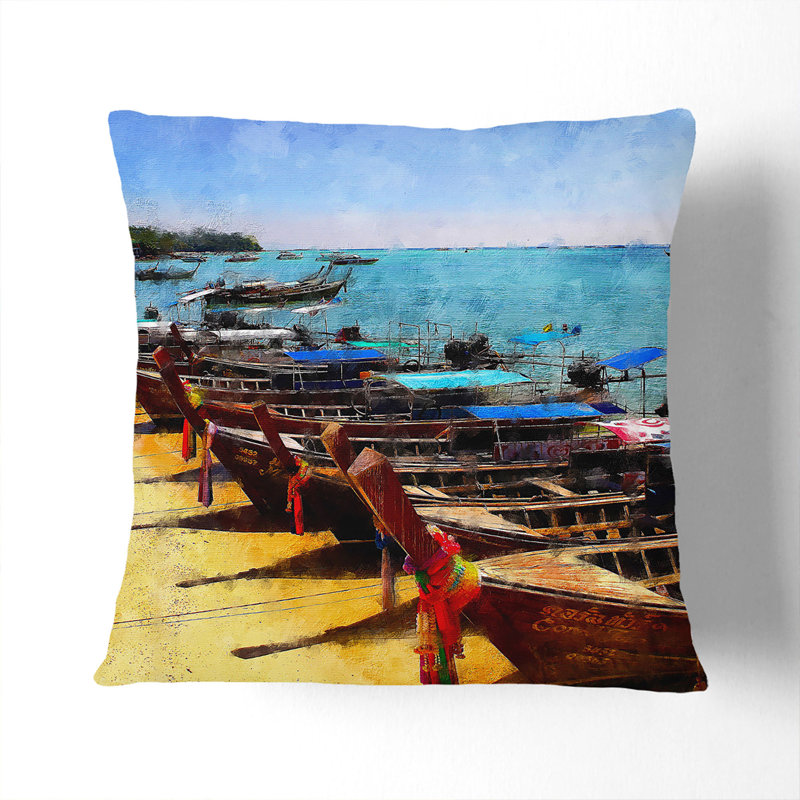 Boats in Koh Phi Phi Thailand Painting Scatter Cushion with Filling, 55cm H x 55cm W x 20cm D