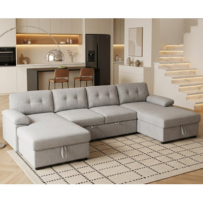 Gray Linen U-Shaped Pull Out Couch Sectional With Underseat Storage, Convertible Sleeper Sectional Sofa With Double Chaise & Hidden Storage For Living Room, Apartment, Small Space