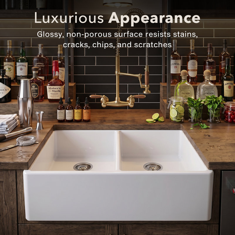 Platus 33 " L Undermount and Dual Mount Double Bowl Fireclay Kitchen Sink, White