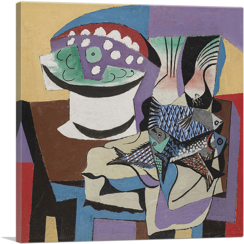 «Still Life with Fish 1923» par Pablo Picasso, reproduction d'art sur toile tendue, H 12 po x l 12 po x P 0,75 po