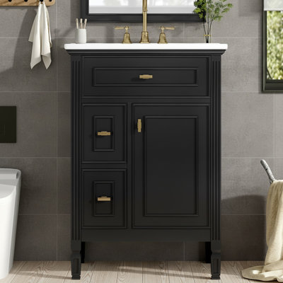 Meuble-lavabo simple 24 po avec lavabo, structure en bois massif, tiroir rabattable à fermeture en douceur, deux tiroirs, trous de robinet pré-percés, assemblage facile