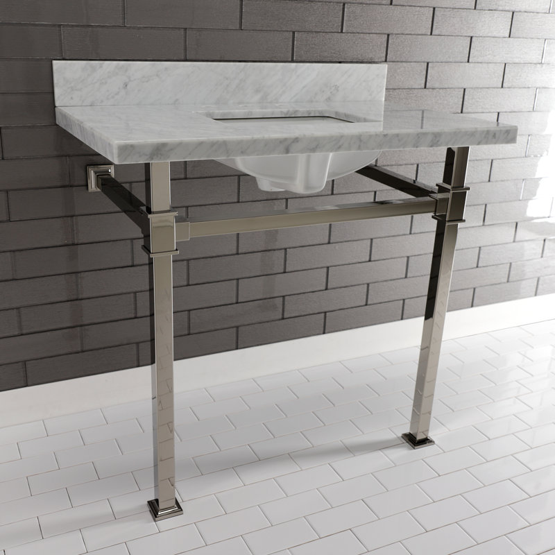 Kingston Brass Monarch 36-Inch Carrara Marble Console Sink with Stainless Steel Legs (8-Inch, 3-Hole)