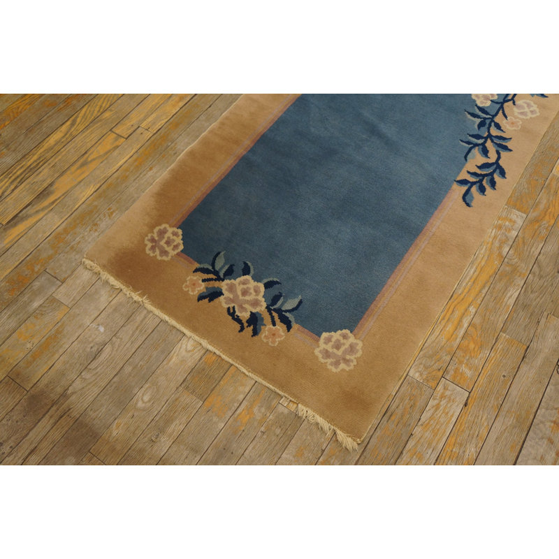 Open Solid Light Blue Field Antique Chinese Peking Wool Hallway Runner Rug