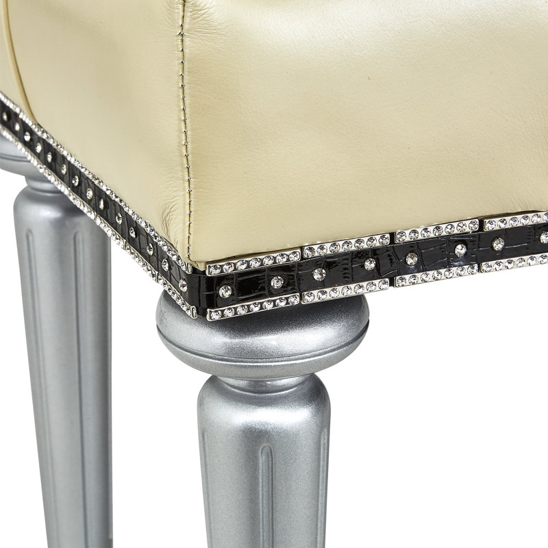Hollywood Swank Leather Vanity Stool, Silver/Creamy Pearl