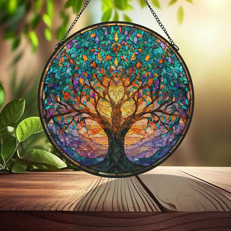 Vitrail arbre coucher de soleil panneaux vitrail Suncatcher pour décoration de fenêtre, 9,8 x 9,8 po (25 x 25 cm)