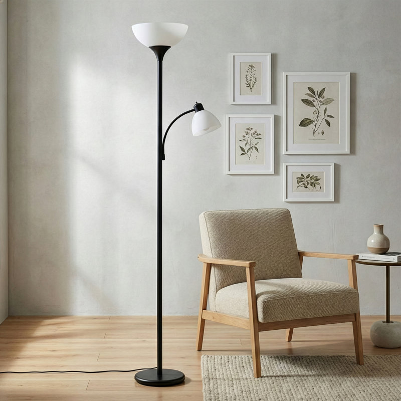 Dome Plus 72 in. Industrial 2-Light 3-Way Dimming LED Floor Lamp with 2 Plastic Bowl Shades, Black
