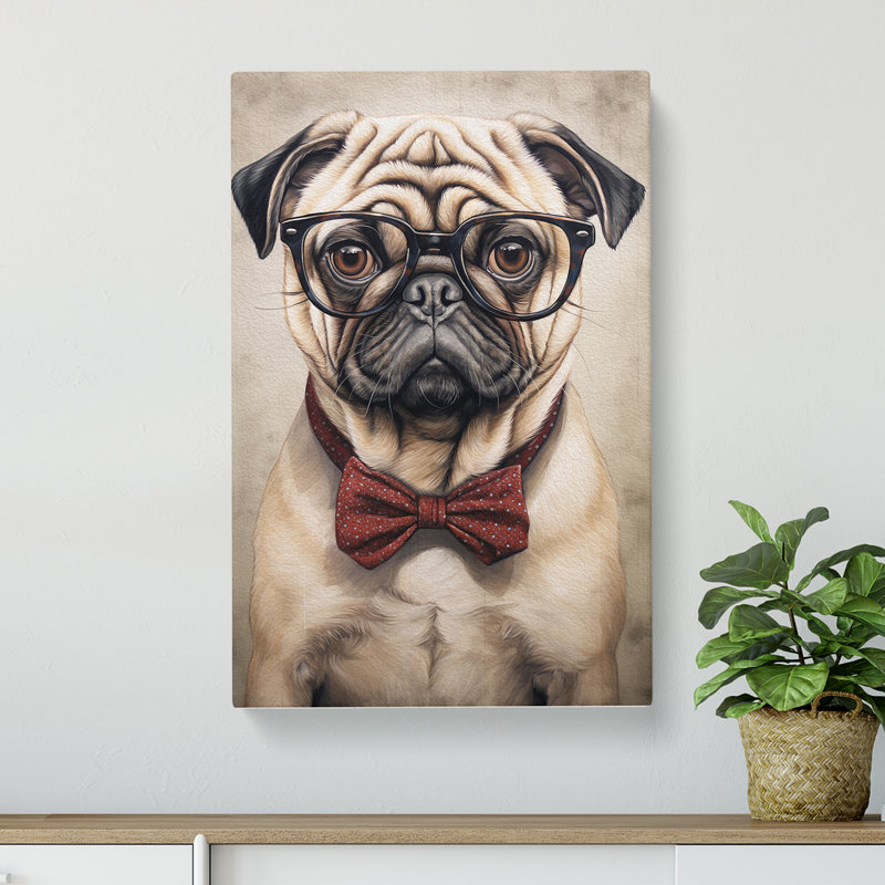 Pug with Glasses Painting - Wrapped Canvas, 60cm H x 40cm W x 3cm D