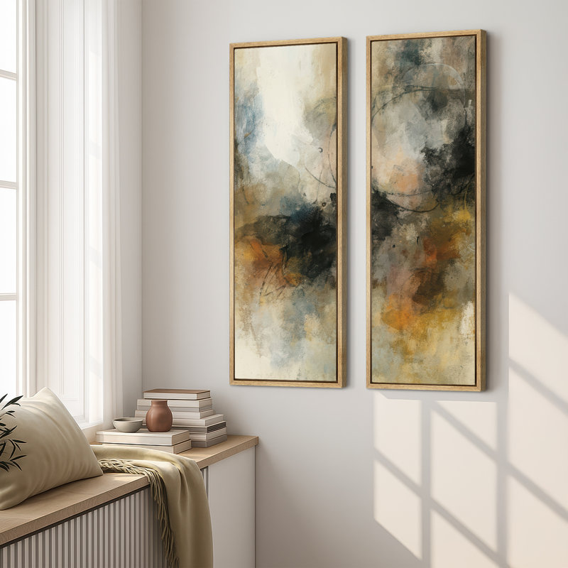 Neutral Earth Tone Abstract Composition Wall Art for Office – Set of 2 Framed Wall Art Print on Canvas 60"x20"x2, 60"x30"x2