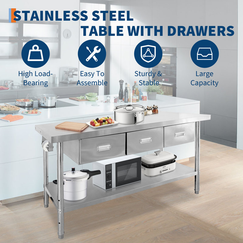 Table de travail 71 po en acier inoxydable avec 3 tiroirs, capacité de 840 lb, tablette réglable, table de préparation pour cuisine commerciale