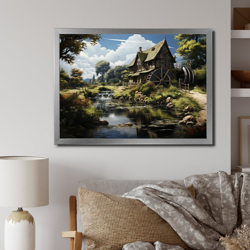 «Green Brown Mills Summer Mill Serenity», reproduction sur toile, Cadre simple gris, H 34 po x l 44 po x P 1,5 po