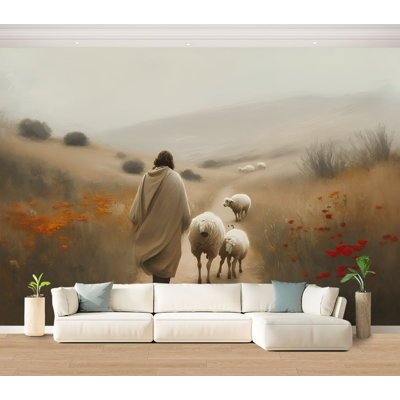 Wall Mural Peel and Stick Wallpaper Jesus Leaves 99 Sheep Christian Lost Lamb Shepherd Figure Dirt Self-Adhesive Removable Contact Paper Wall Decor for Living Room Bedroom 69"H x 96"W
