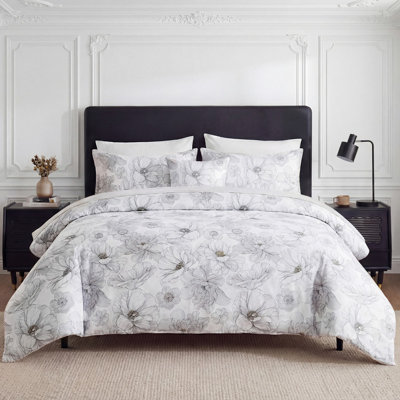 100% Cotton Floral Duvet Cover Set Queen Size, Ink Style Gray Sketch Floral Bedding, 3 Pcs with Zipper Closure & Corner Ties, Soft Breathable Duvet Cover for All Seasons
