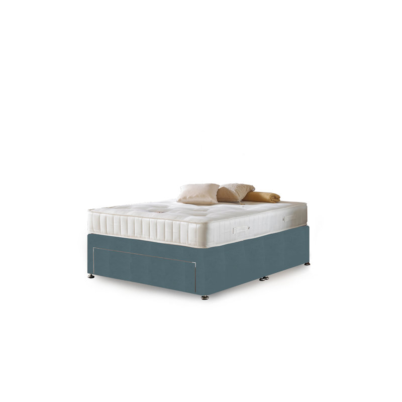 Asia Upholstered Divan Bed with Mattress, Sky Plush Velvet, Small Single, 2 Drawers