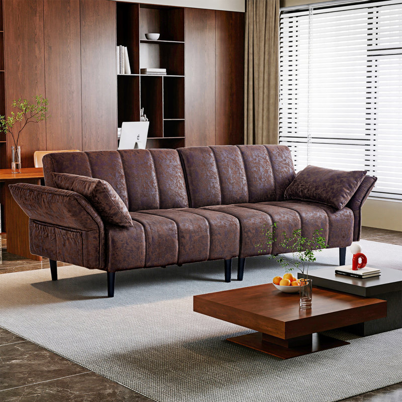 82.7'' Faux Leather Convertible Sofa, Mid Century Modern Leather Futon Sofa Bed with Adjustable Backrest Armrest & Storage Pocket