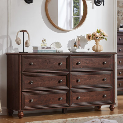 Commode 6 tiroirs pour chambre à coucher, commode en bois de ferme de 54 po de largeur, commode télé de style rétro, organisateur de rangement rustique avec placard à poignées en métal pour le salon, couloir