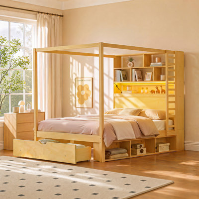 Lit plateforme à baldaquin avec tête de lit de rangement, prises USB, éclairage DEL RVB et rangement sous le lit, style moderne, chambre à coucher