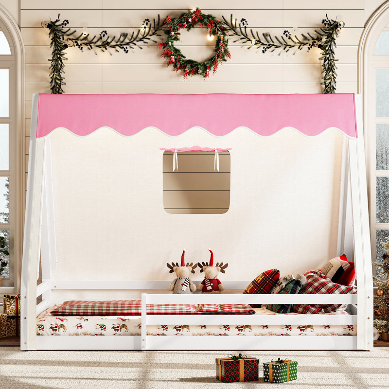 Lit simple en bois massif blanc et rose avec tente et garde-corps pleine longueur pour tente de tipi taille, design, couleur, sommeil sécuritaire