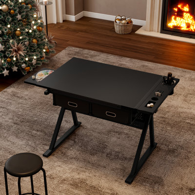 Home Office Drawing Table With Adjustable Tilt 0 - 75, 2 Drawers, Metal Storage Strips, Legs For Uneven Surfaces, Stool 150kg Capacity, Height 68cm 91cm, 37.76in Depth, 22.94in Width, 47lb Weight,