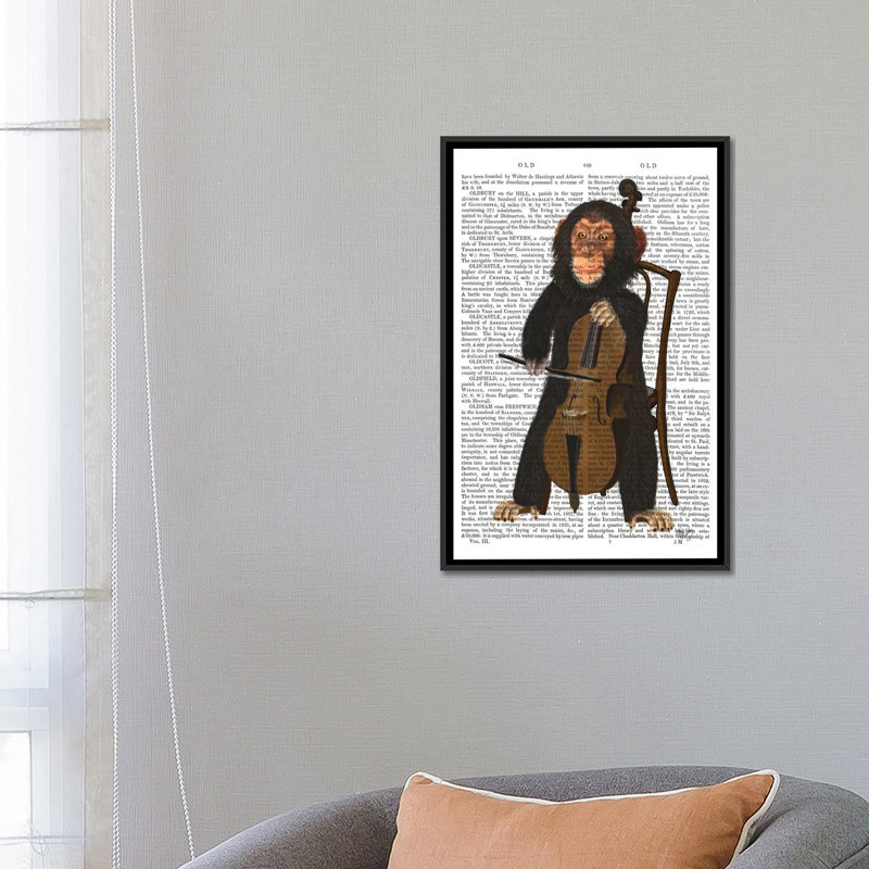 «Chimp jouant un violoncelle I», impression sur toile, H 48 po x l 32 po x P 1,5 po, Toile avec cadre noir, Pas de tapis