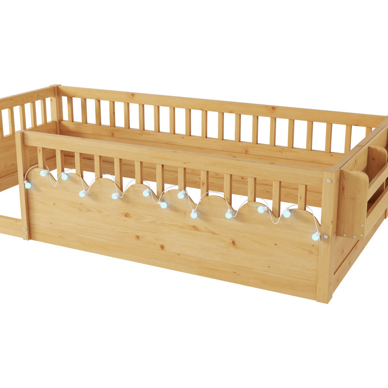 Twin Floor Bed Frame With High Guardrails, Natural Wood Lighting And Adjustable Storage Shelf, Solid Pine+ Build, 19.7-Inch Surrounding , Low For A Personal Space Rails, Led Structure, 2.7-Inch Fence