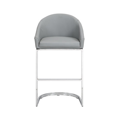 Modern Gray 26-Inch Counter Stool with Sculptural Chrome Frame and Built-In Footrest