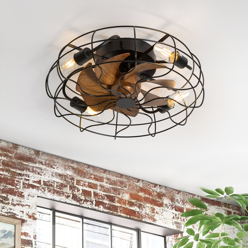 Ventilateur de plafond fermé à profil bas avec lumières et télécommande Jernisha, Noir, 19", Brun