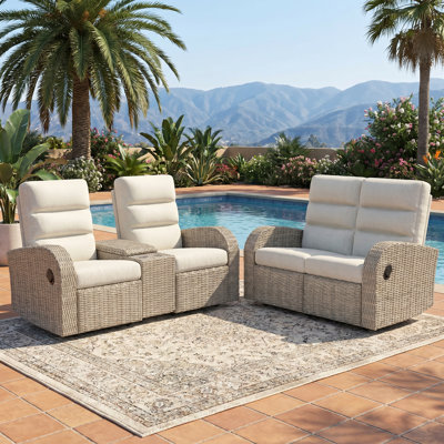 Oversized Wicker Outdoor Reclining Loveseat Sofa Set, 2-seater Recliner Couch With Storage & Cup Holder