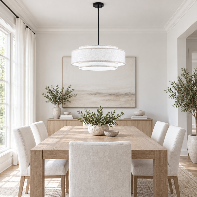 Lustre de tambour moderne à 6 lumières de 60 cm (23,6 po) avec abat-jour en tissu à texture lin à 3 niveaux, Black, 6