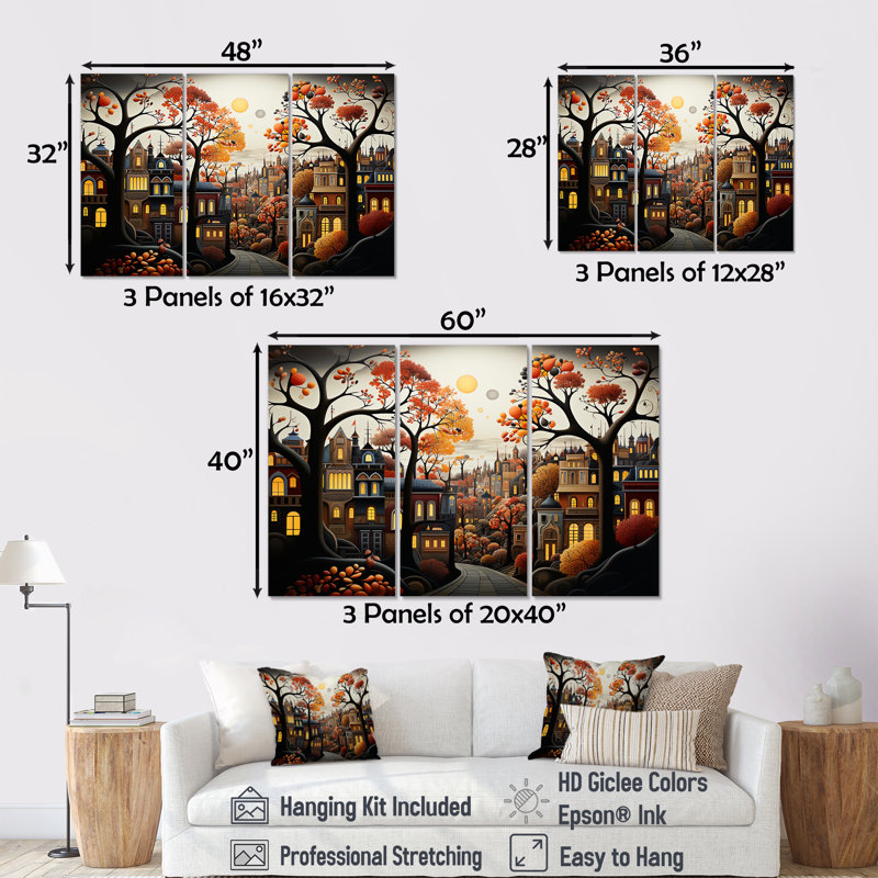 Cozy village in Autumn Moonlit I - Art mural art déco urbain, Toile tendue, H 40 po x l 61 po x P 1 po