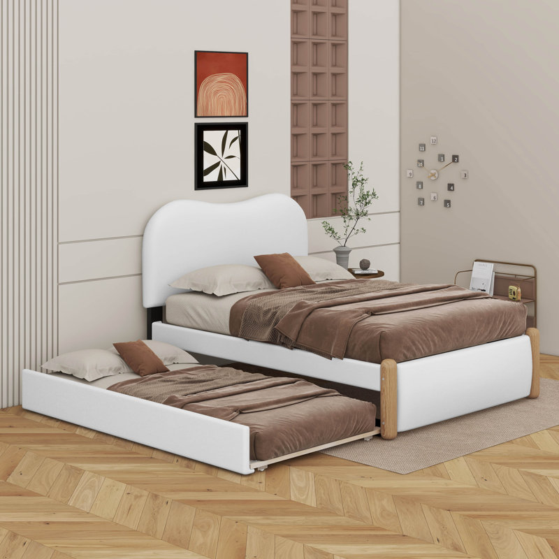 Lit plateforme tapissier simple avec lit gigogne et pieds en bois, Lit simple, White