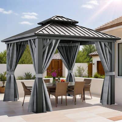 10ft x 10ft Square Double Roof Classic Gazebo, Outdoor Backyard Canopy Gazebo With Inner Mesh Netting and Fabric Curtains Suitable for all Seasons and Weathers