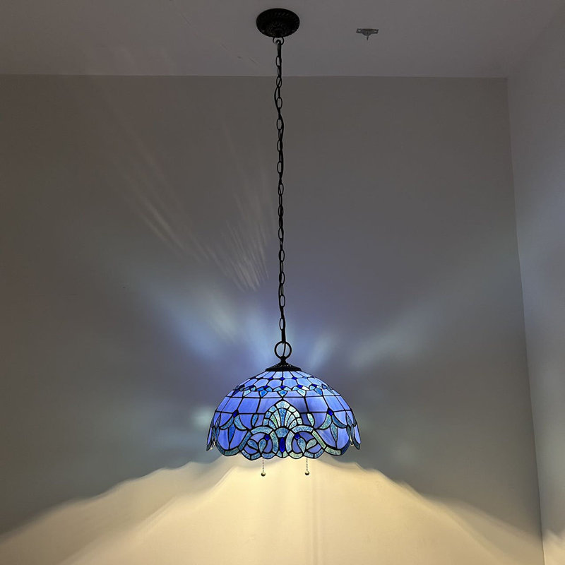 Perran Tiffany Hanging Lighting Blue Stained Glass Baroque Style LED Bulbs Included 16”W*16”D*75”H