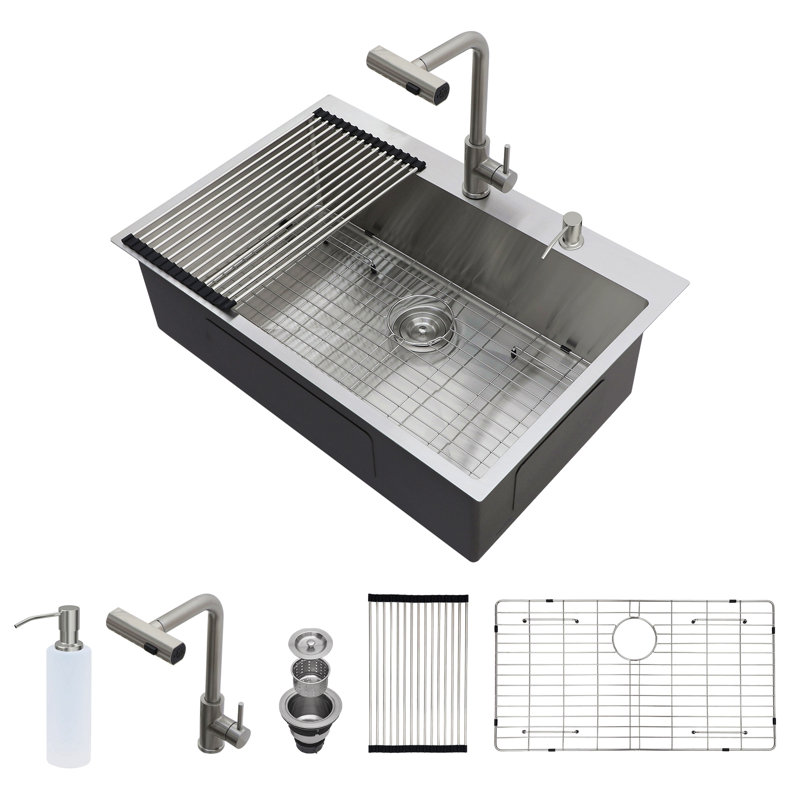 30" Drop-In Kitchen Sink With Pull-Down Faucet And Soap Dispenser - 30 X 22 Inch Single Bowl 16 Gauge Stainless Steel Topmount Kitchen Sink Basin