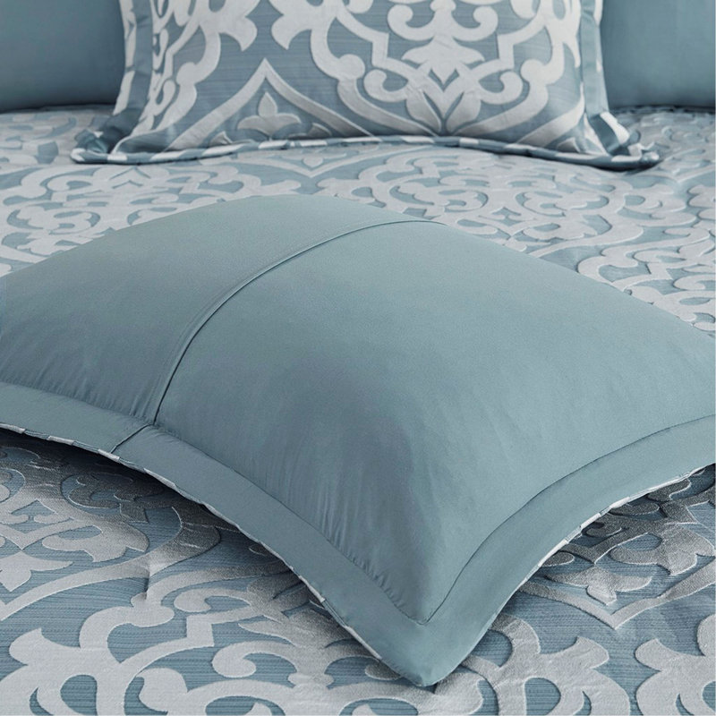 Ensemble d'édredon 8 pièces jacquard, Édredon très grand et 7 pièces supplémentaires, Argent / turquoise