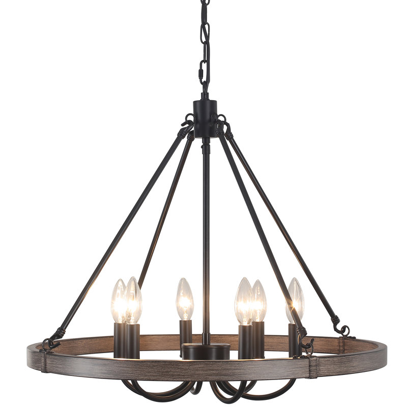6 - Light 23.6" Dimmable Farmhouse Rustic Candle Style Wagon Wheel Chandelier Round Rustic Foyer Chandeliers For Barn, Kitchen Island, Entry, Living Room