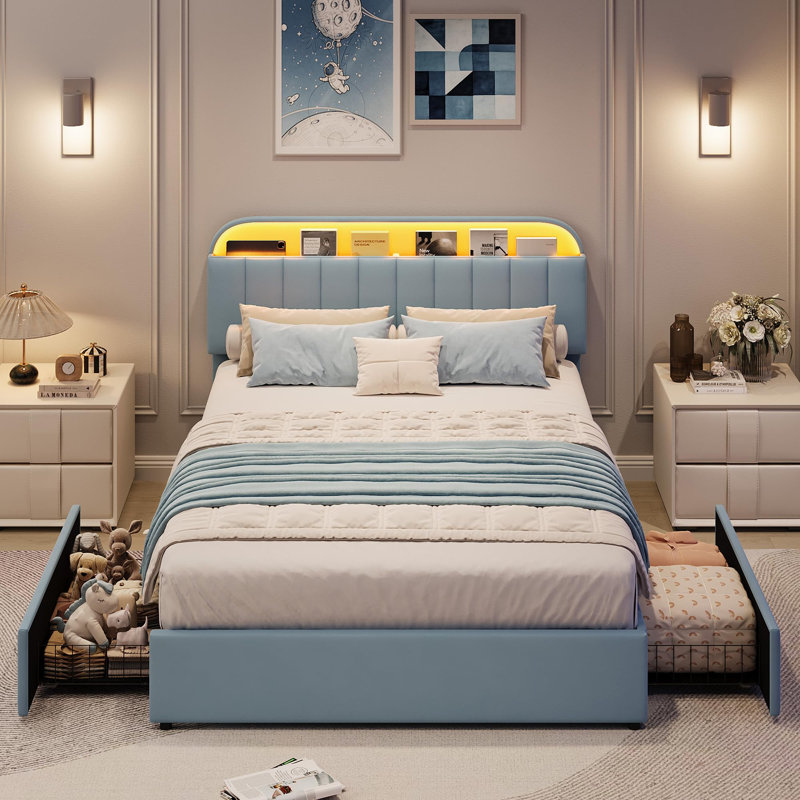 Grand / double / simple lit en velours avec tête de lit réglable et rangement à 2 tiroirs avec plateforme et sommier sans assemblage facile pour la chambre à coucher
