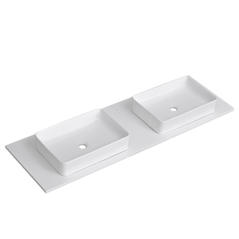 Dessus de meuble-lavabo blanc en pierre de quartz 60 po avec double vasque carrée en céramique