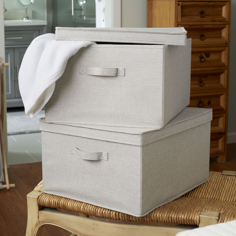 Large Gray Poly Linen Fabric Storage Bins with Removable Lid