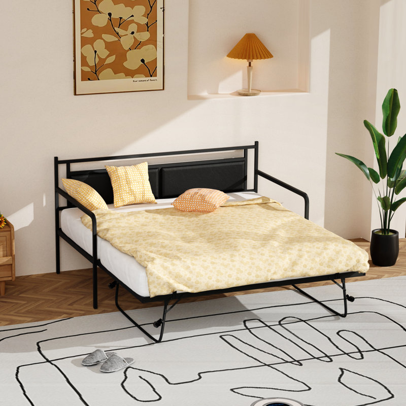 Twin Daybed With Pop Up Trundle,Sofa Day Bed With LED Light And Charing Station,Pull Out Bed With Steel Slat Support And Upholstered Headboard, Platform Bed Frame