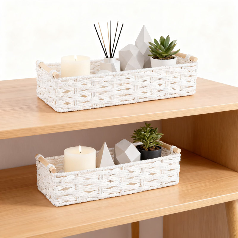 Handmade Paper Rope Storage Baskets With Metal Frame, Decorative Woven Organizer Bin For Bathroom Living Room Bedroom Office Home