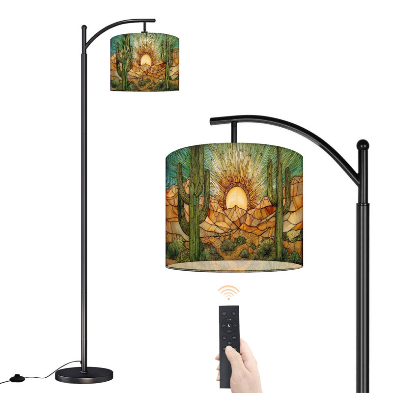 Arc Floor Lamp with Adjustable Lampshade Intricate Tribal Tattoo Style western Standing Lamp 3 Color Temperatures Dimmable Tall Pole Lamp with Foot Switch for Bedroom