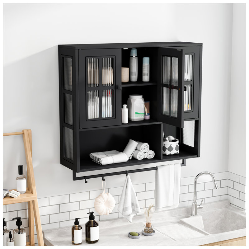 Armoire de salle de bain murale noire à 3 portes avec panneaux de verre et tablettes ouvertes