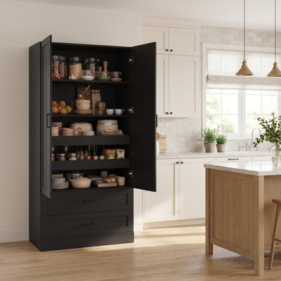 Garde-manger autoportant de 180 cm de hauteur avec 2 tiroirs, meuble de rangement en bois avec étagères réglables et plateaux coulissants, pour cuisine ou salle à manger